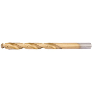 The Draper Hss Titanium Drill Bit, 8.5mm - TH29MC, featuring a gold-colored bit and a silver shank made from high-speed steel and coated in titanium, sits elegantly against a white background.