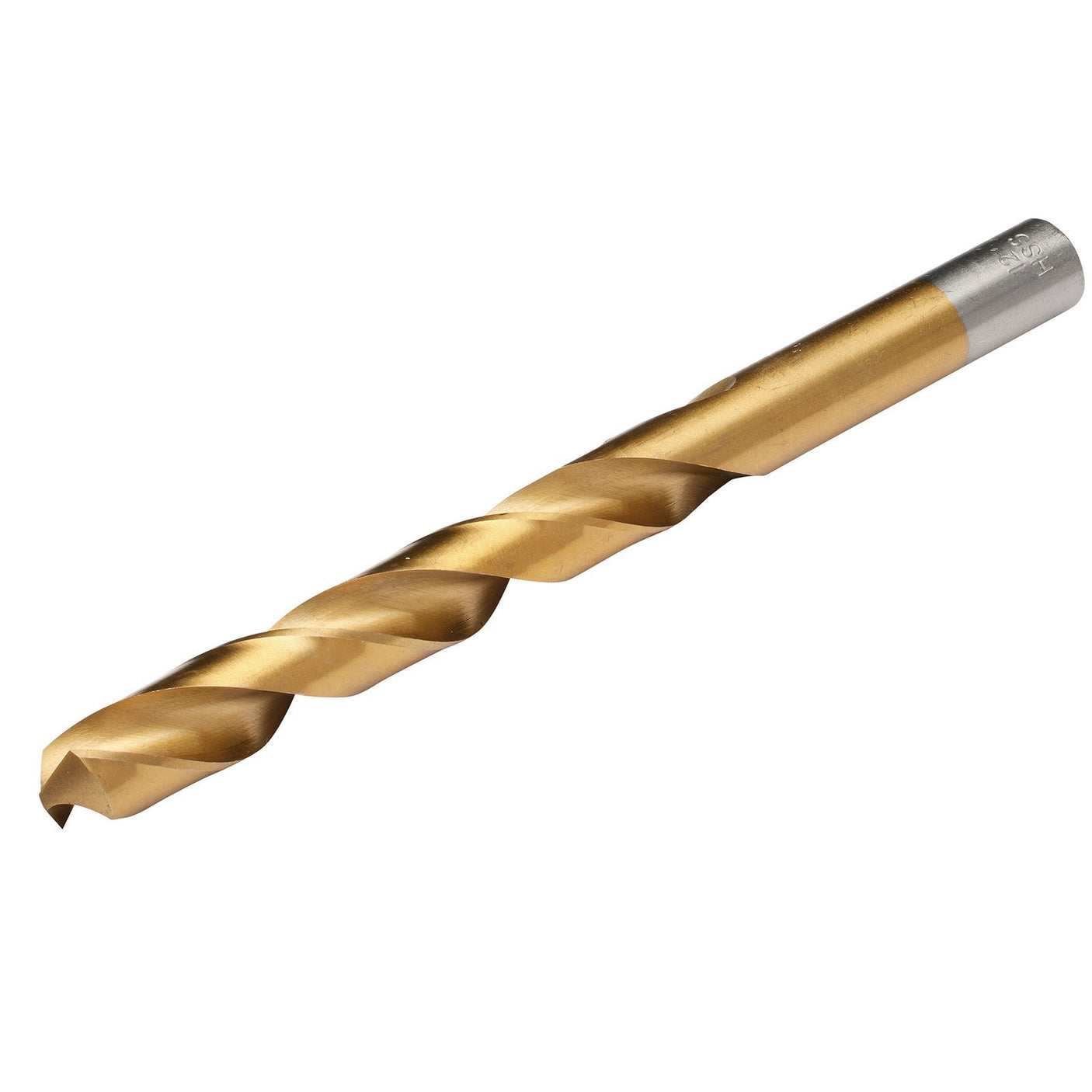 A close-up view of the Draper Hss Titanium Drill Bit, 12.0mm - TH29MC, showcases its gold and silver spiral design, meticulously crafted from high-speed steel for extra strength.