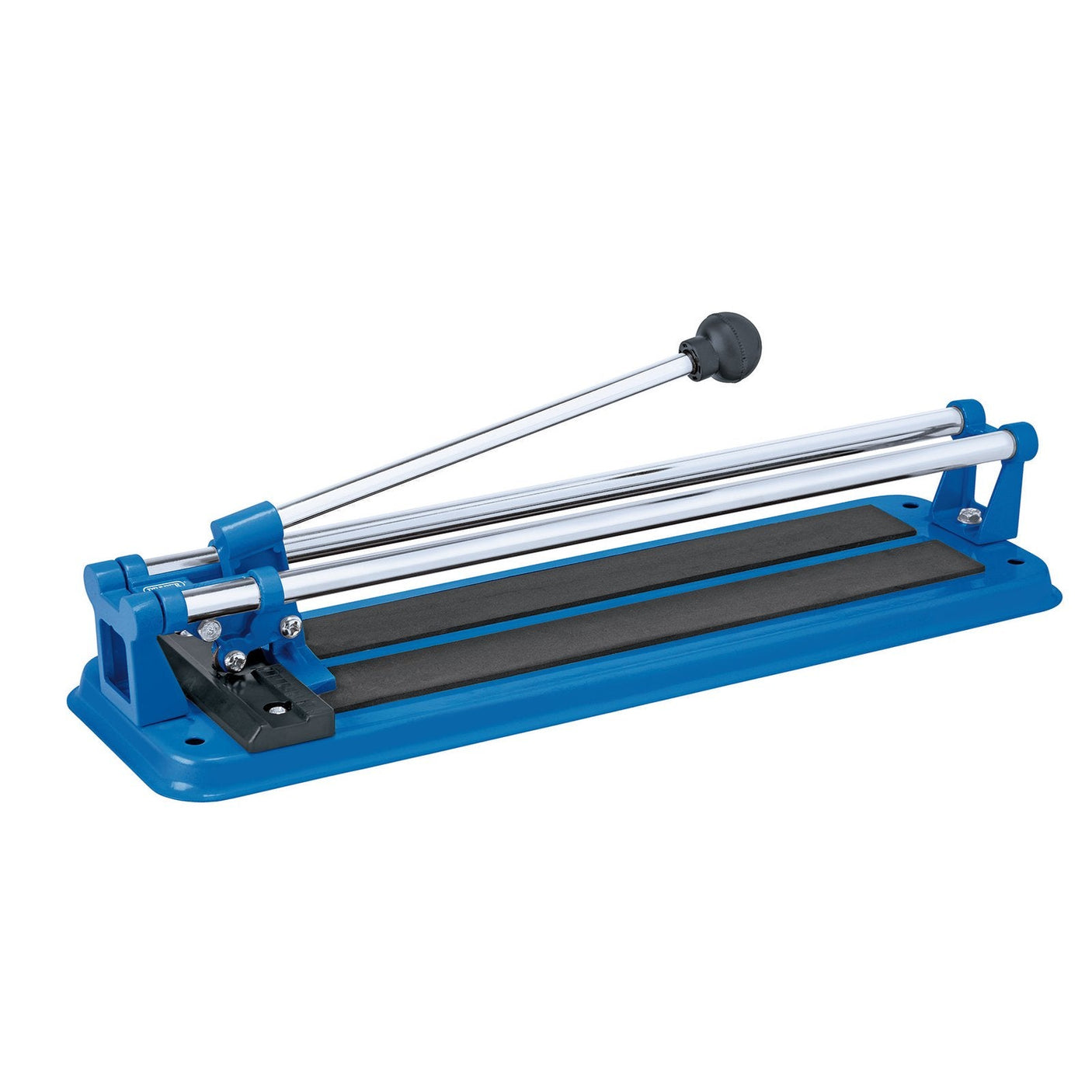 The Draper Manual Tile Cutting Machine - TCM, by Draper, features a blue design with a long handle, a black cutting surface, and is equipped with a tungsten carbide cutting wheel.