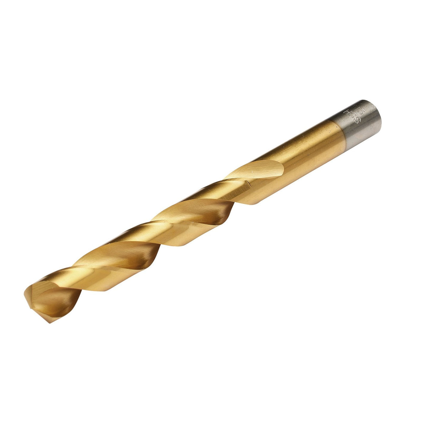 The Draper HSS Titanium Drill Bit, 13.0mm - TH29MC features high-speed steel construction, a gold-colored titanium finish, and a silver-colored base, all crafted according to DIN 338 standards.