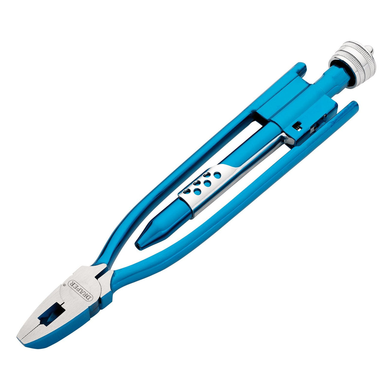 An image of the Draper Wire Twisting Pliers, 250mm - WTP from Draper, featuring a blue handle and resembling a pair of pliers with a screw mechanism near the top, specifically designed for wire locking in aero and defense applications.