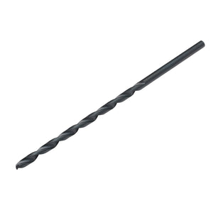 A close-up image of a single, dark-colored Draper HSS Extra Long Drill Bit (3.2 X 100mm - H29MC/L) with a smooth shank and a sharp tip. The slender, elongated shape features a helical groove along its length, adhering to DIN 340 ISO 494 standards for precision and durability.