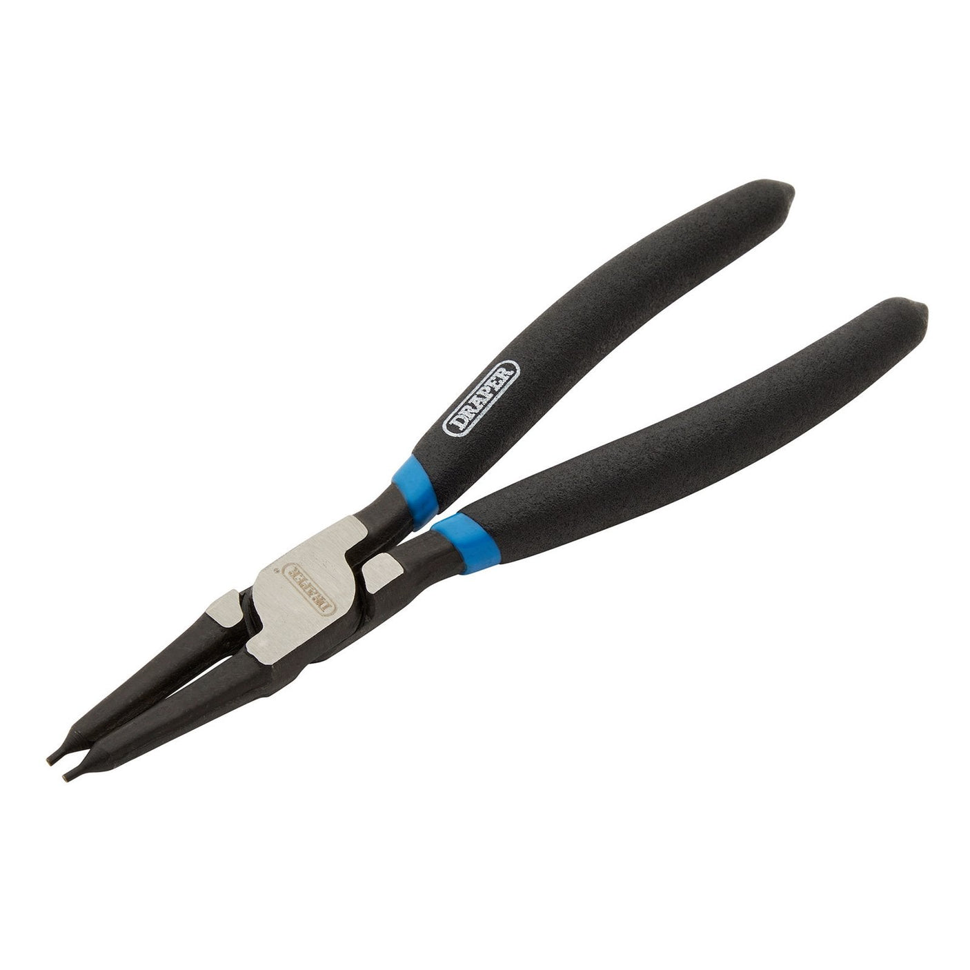 The Draper Straight Tip Internal Circlip Pliers, 180mm - 49/INT feature black handles with chrome nickel steel jaws, chemically blacked tips, and blue accents near the joint, all set against a white background.