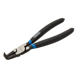 A pair of Draper 90° Tip Internal Circlip Pliers, 170mm - 49/INT, with blue, non-slip cushion grips and distinctive hooked ends for precision work and robust chemically blacked tips.