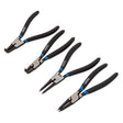 The Draper Internal And External Circlip Pliers Set (4 Piece) - 49/4 includes four industrial-quality pliers, each designed with black non-slip handles and varying tip shapes for precision work, including specialized circlip pliers.