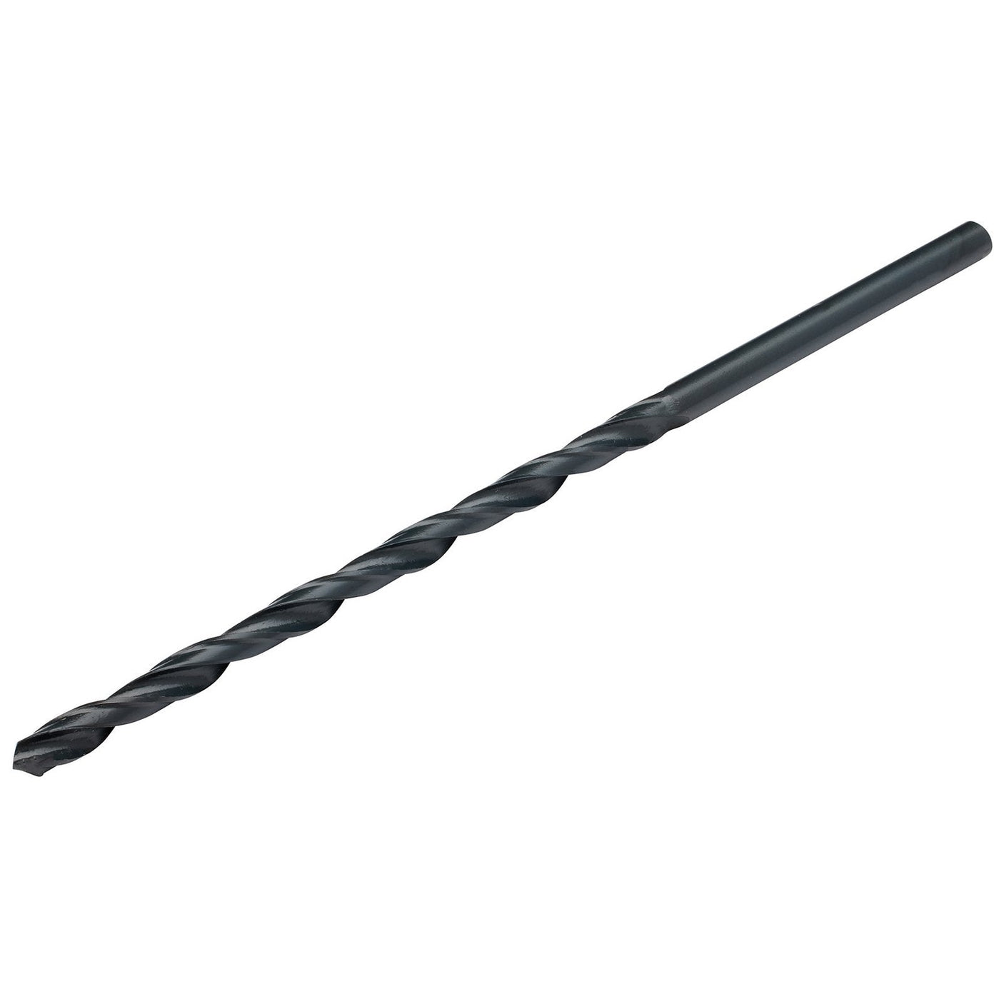 The Draper HSS Extra Long Drill Bit, 4.5 x 126mm - DBHSSL, is a black, spiral HSS drill bit with a pointed tip and a cylindrical shaft, compliant with DIN 340 ISO 494 standards, used for drilling holes in various materials.