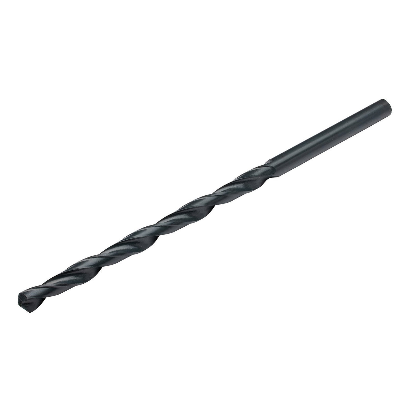 A close-up image of a Draper Hss Extra Long Drill Bit, 6.5 X 148mm - DBHSSL with a shank end and spiraled cutting edge.