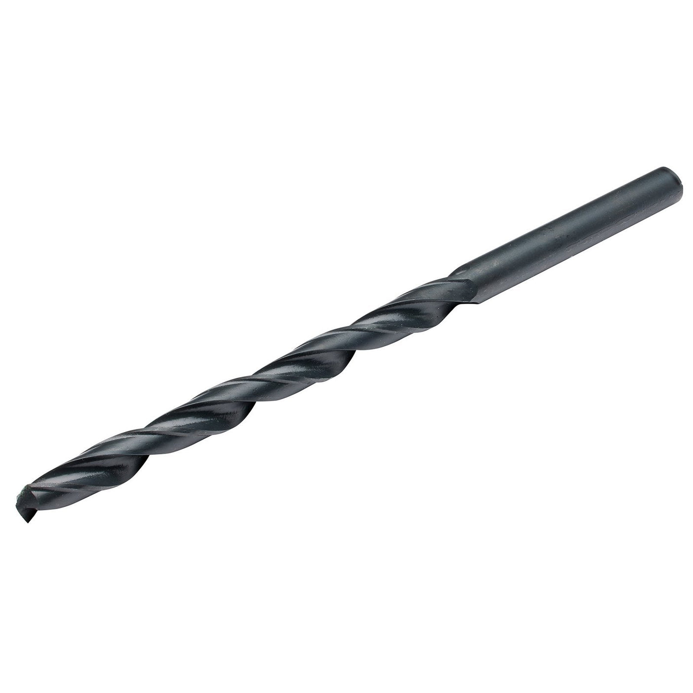 The Draper HSS Extra Long Drill Bit, 9.0 x 170mm - H29MC/L features a cylindrical shank on one end and a spiral cutting edge on the other, designed for drilling holes in various materials. Manufactured to ISO 494 standards, this black high-speed steel drill bit ensures precision and durability from the reputable Draper brand.