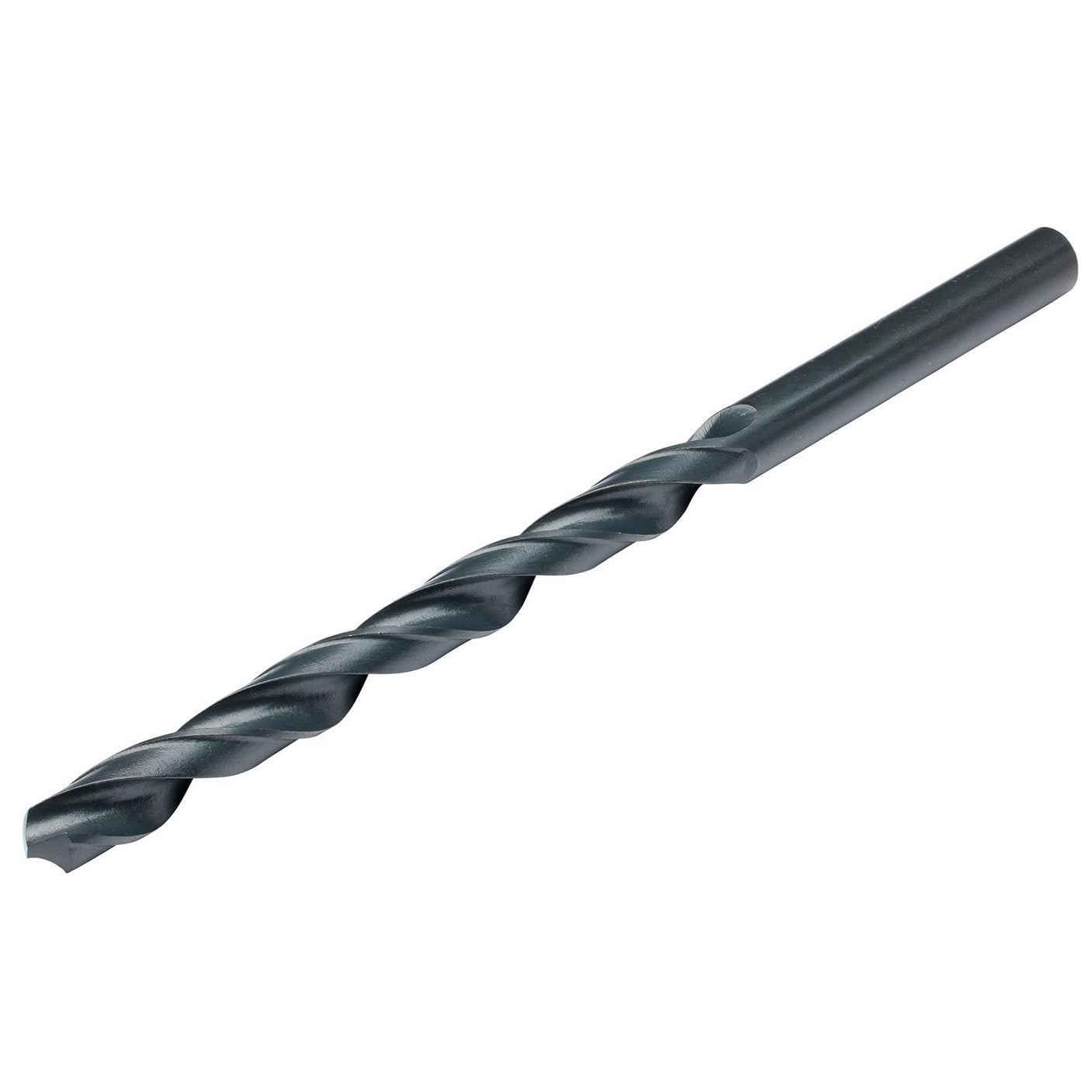 The Draper HSS Extra Long Drill Bit, 9.5 x 175mm - H29MC/L, is a black metal twist drill bit with a cylindrical shank and helical flutes, designed for drilling holes in various materials and compliant with DIN 340 ISO 494 standards.