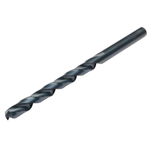 The Draper HSS Extra Long Drill Bit, 11.5 x 195mm - H29MC/L, featuring a black metal spiral design and compliant with ISO 494 and DIN 340 standards, is shown against a white background.