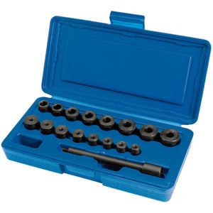 The open Draper Universal Clutch Aligning Kit (17 Piece) - NCAKA reveals a neatly arranged set of black collets in different sizes, a collet holder tool, and precision steel bushes, all housed in a blue plastic case.