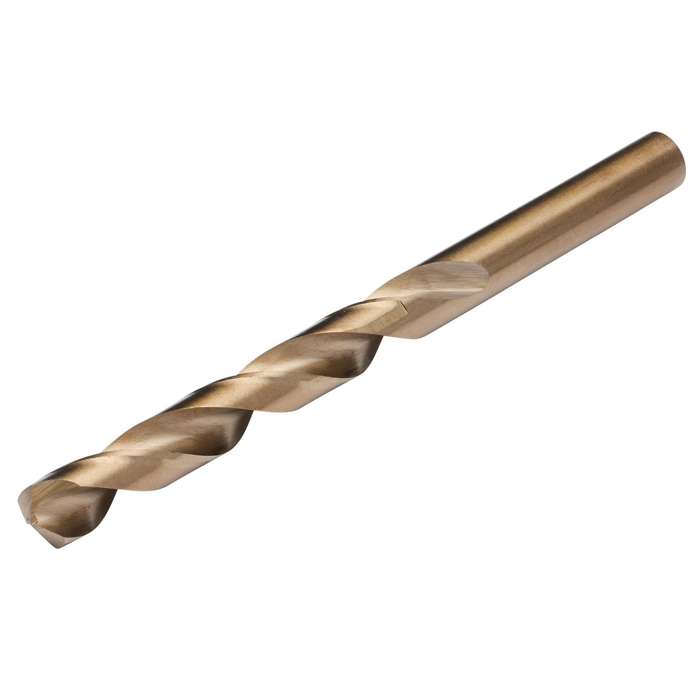 A close-up view of the Draper Hss Cobalt Drill Bit, 9.3mm - H30PB, reveals a single metal drill bit with a gold finish. It features a cylindrical shank and a spiral flute design for extended longevity. This high-speed steel (HSS) metric-sized drill bit from Draper ensures durability and precision in every task.