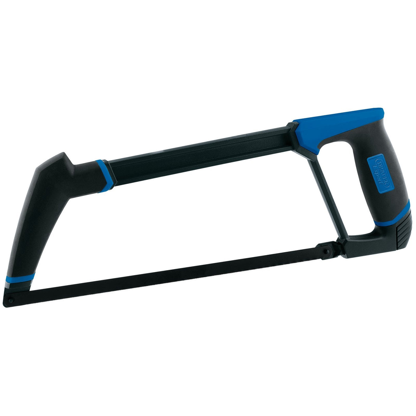 Introducing the Draper Heavy Duty Soft Grip Hacksaw, 300mm - 4922, a high-quality tool featuring a 300mm bi-metal blade and an ergonomic design for a comfortable grip. The saw boasts a soft grip handle mounted in a sturdy black frame with blue highlights.