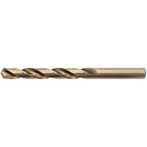 A close-up view of the Draper Hss Cobalt Drill Bit, 12.4mm - H30PB, showcases its cylindrical body and spiral grooves designed for cutting into materials, made from high-speed steel with cobalt for extended durability.