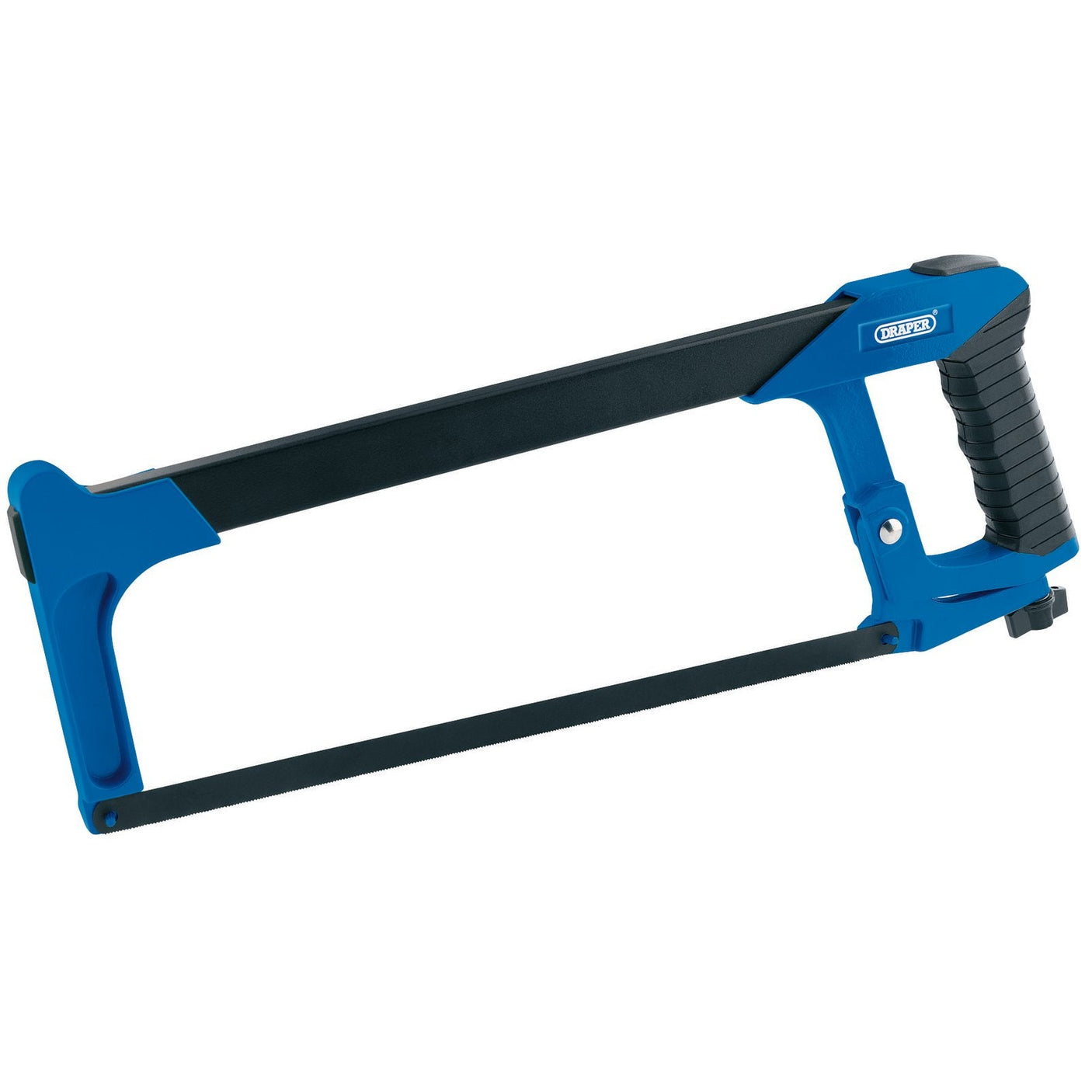 The Draper Soft Grip Hacksaw With 45° & 90° Blade Positions, 300mm, 24Tpi - 4924 features a steel frame with a ribbed aluminium alloy handle for enhanced grip, and comes in blue and black.