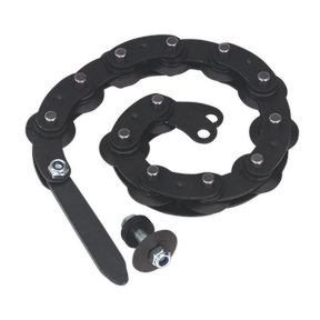 A black Cutting Chain for AK6838 - 398/CHN182 from Sealey, featuring metal bolts, two loose metal components, and a black strap, is arranged in a coiled shape. The chain has Model No. AK6838 stamped on it for easy identification.