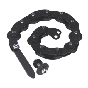 A black Cutting Chain for AK6838 - 398/CHN182 from Sealey, featuring metal bolts, two loose metal components, and a black strap, is arranged in a coiled shape. The chain has Model No. AK6838 stamped on it for easy identification.