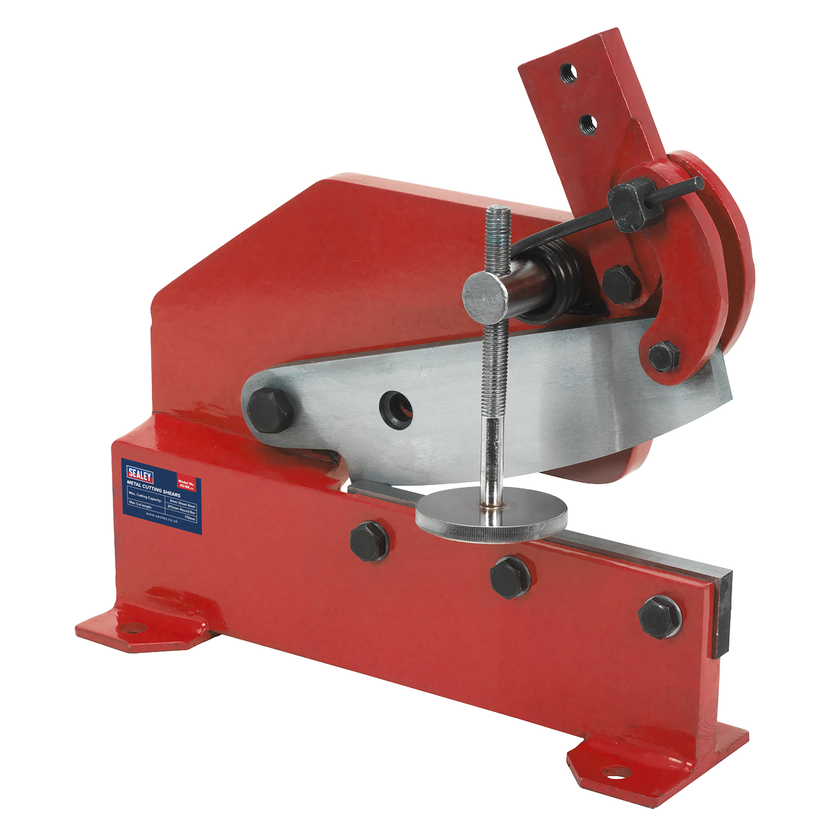 The Sealey 6mm Capacity Ø12mm Round Metal Cutting Shears - 3S/6R is an industrial-grade machine featuring a lever handle and steel shear blades, specifically designed for accurate cutting and cropping of steel sheets.