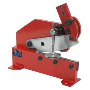 The Sealey 6mm Capacity Ø12mm Round Metal Cutting Shears - 3S/6R is an industrial-grade machine featuring a lever handle and steel shear blades, specifically designed for accurate cutting and cropping of steel sheets.