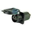 The Sparex 3 Pin Auxiliary Socket (Sparex Part No. S.56377) is a black, cylindrical trailer electrical connector with a 3 pin socket and spade connectors, featuring a hinged cover and designed to be fixed with 4 bolts.