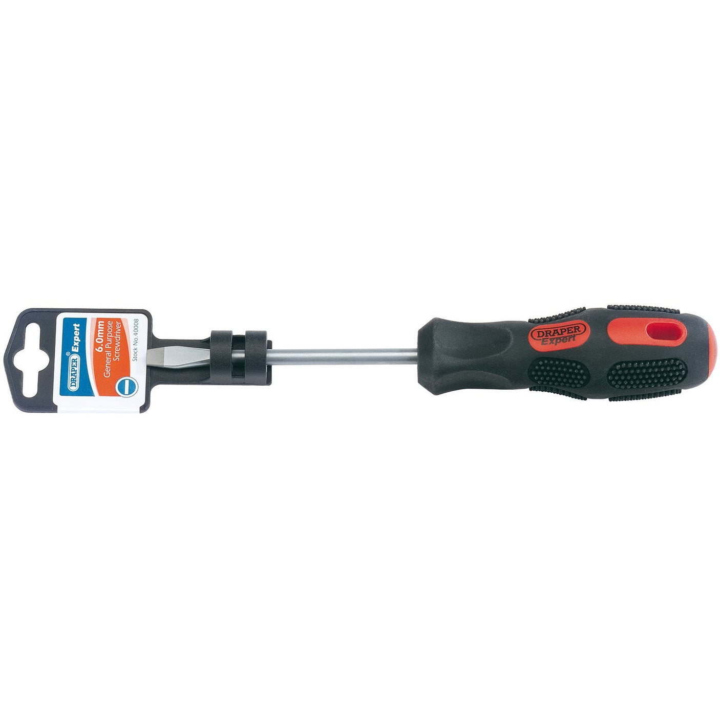 A Draper Plain Slot Flared Tip Screwdriver, 6 X 100mm - 970, featuring a black and red design with a soft grip and attached product label stating "Draper." This tool includes two interchangeable, hardened blades secured near the handle.