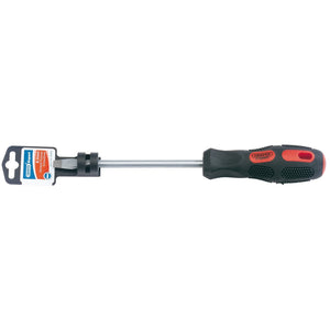 The Draper Plain Slot Flared Tip Screwdriver, 8 X 150mm - 970 features a black and red soft grip polymer handle, a silver shaft, and is equipped with hardened SVCM blades. It comes in packaging that displays text and brand details.