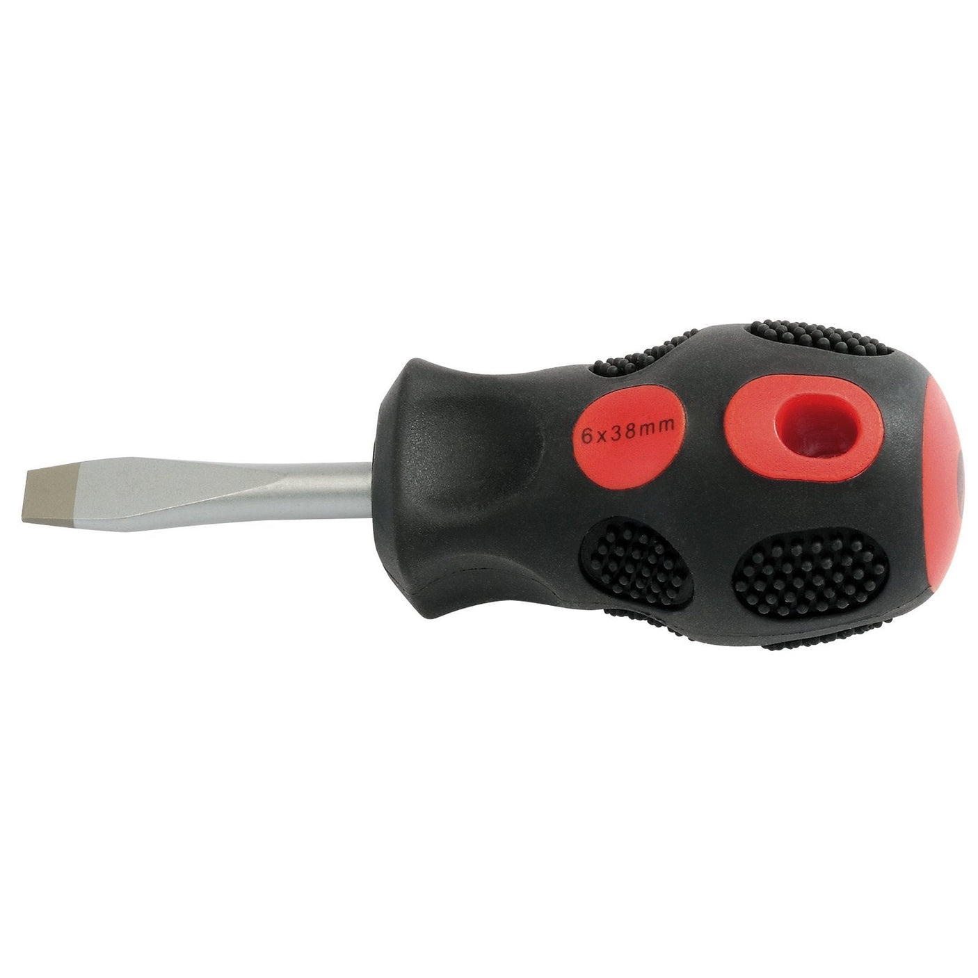 The Draper Plain Slot Flared Tip Screwdriver, 6 x 38 mm (Sold Loose) - 970B, in black and red, features a labeled handle indicating "6 x 38 mm." It boasts hardened SVCM blades for enhanced durability and a vulcanized soft grip handle for superior comfort.