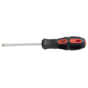 The Draper Plain Slot Flared Tip Screwdriver, 6 X 100mm (Sold Loose) - 970B boasts a black and red soft grip handle with textured grips and hardened blades.