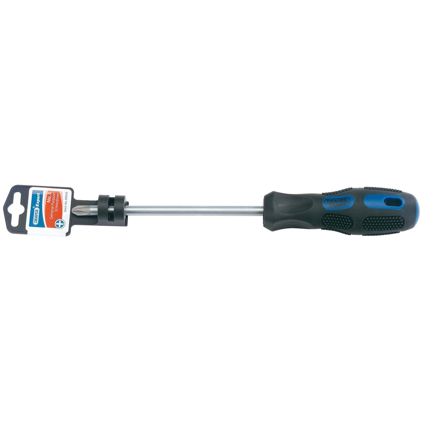 The Draper Expert Cross Slot Screwdriver, No.3 X 150mm - 970CS by Draper features a soft grip polymer black non-slip handle, a long metal shaft with hardened SVCM satin chrome plated blades, and a label attached near the base of the shaft.