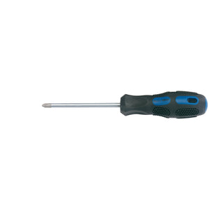 The Draper Cross Slot Screwdriver, No.2 X 100mm (Sold Loose) - 970CSB features a black and blue ergonomic soft grip handle and a silver hardened SVCM shaft.