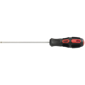 The Draper Plain Slot Parallel Tip Screwdriver, 3.2 X 100mm - 970P, features a straight metal shaft and a black-and-red handle made from textured soft grip polymer for enhanced comfort.