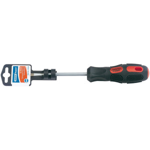 The Draper Plain Slot Parallel Tip Screwdriver, 5 X 100mm - 970P, features a black and red soft grip handle and an attached retail tag, displayed on a white background.