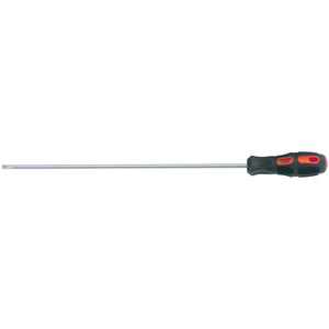 A Draper Plain Slot Parallel Tip Screwdriver, 5 X 200mm - 970P featuring a long-handled flathead design with a green and black soft grip handle.