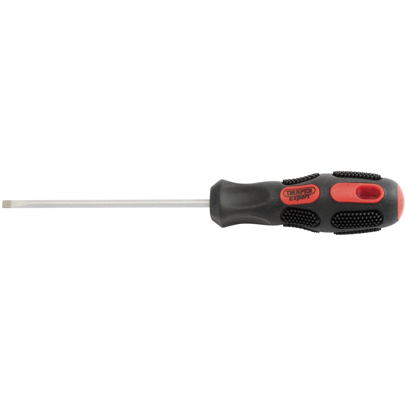 A Draper Plain Slot Parallel Tip Screwdriver, 3.2 x 75mm (Sold Loose) - 970PB, featuring a black and red soft grip handle labeled "Draper Expert," with hardened blades for durability.