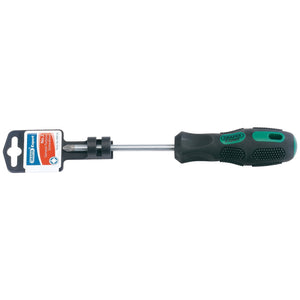 Introducing the Draper Pz Type General Purpose Screwdriver, No.2 X 100mm - 970PZ, in green and black, featuring hardened SVCM blades, a bit holder, and an attached label on its handle.