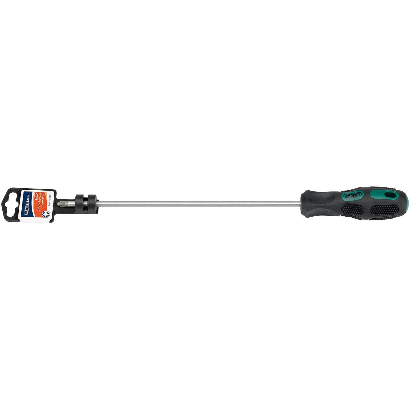 A Draper Pz Type Long Reach Screwdriver, No.2 X 250mm - 970PZ, boasting a black and green ergonomic grip and its packaging, features hardened SVCM steel for enhanced durability.