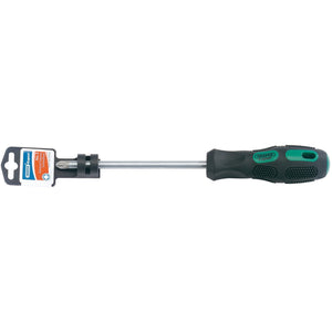 A Draper Pz Type General Purpose Screwdriver, No.3 X 150mm - 970PZ, with a black and green ergonomic grip and an SVCM satin chrome finish, featuring a product label attached near the handle.