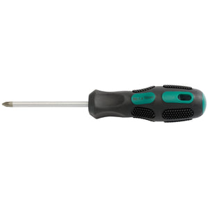 The Draper Pz Type Screwdriver, No.1 X 75mm (Sold Loose) - 970PZB features a black and green ergonomic, soft grip handle and a metal shaft equipped with hardened blades.