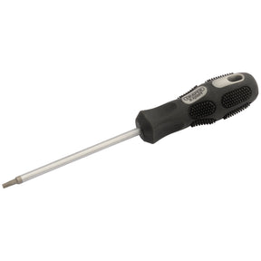 The Draper Tx-Star® Driver, T10 X 75mm Long - 970TX, features a black and gray ergonomic handle, a metal shaft, and hardened SVCM for added durability.