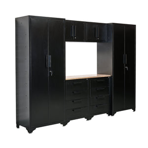 The Draper Double Garage Workstation - MS200, a black metal storage system, features various cabinets, drawers, and a central work surface. This complete solution from Draper is also fully lockable for enhanced security.