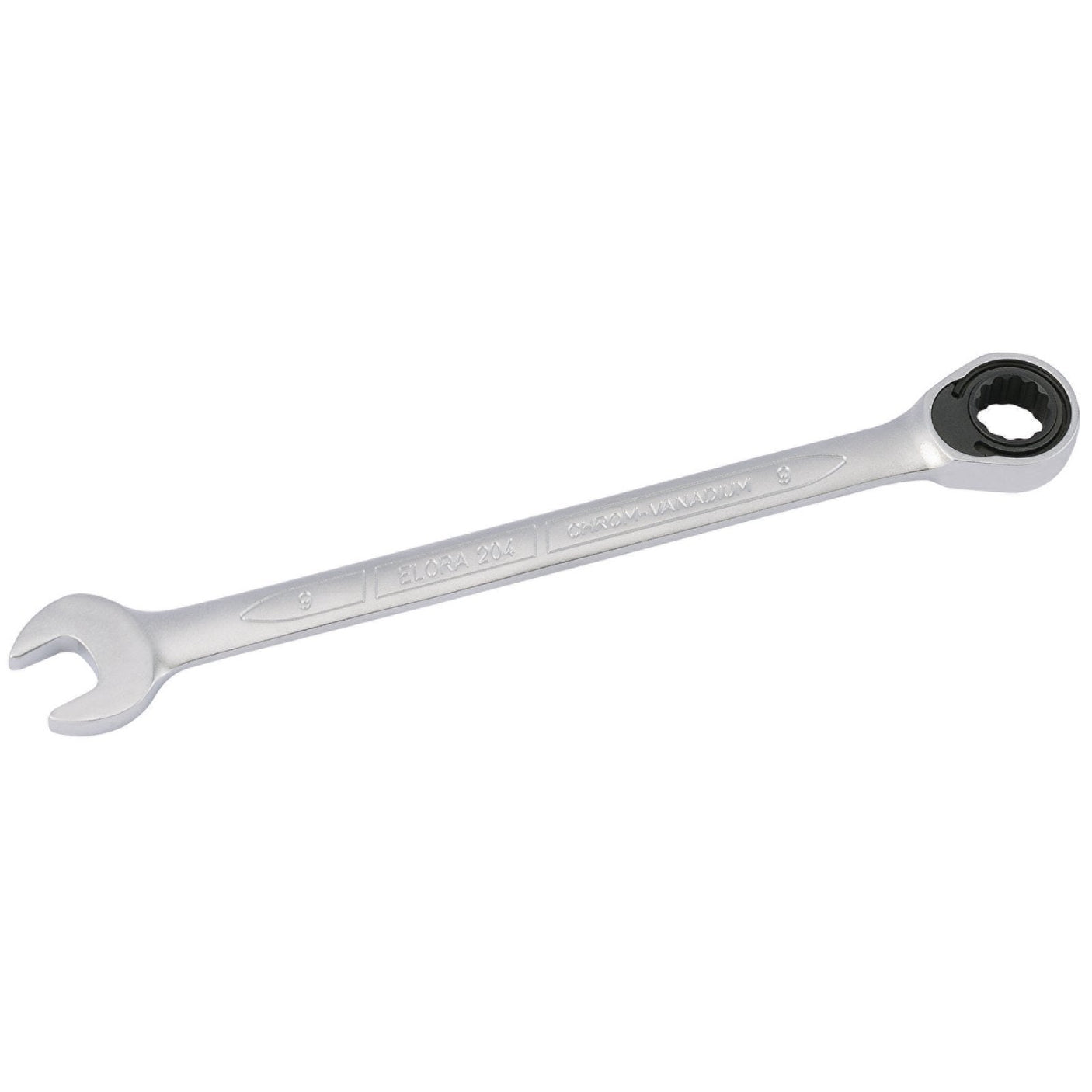 The Draper Elora Metric Ratcheting Combination Spanner, 15mm - 204-15, is expertly crafted from durable chrome vanadium steel and features a 15° open end on one side and a ratcheting ELO-Drive ring on the other side.