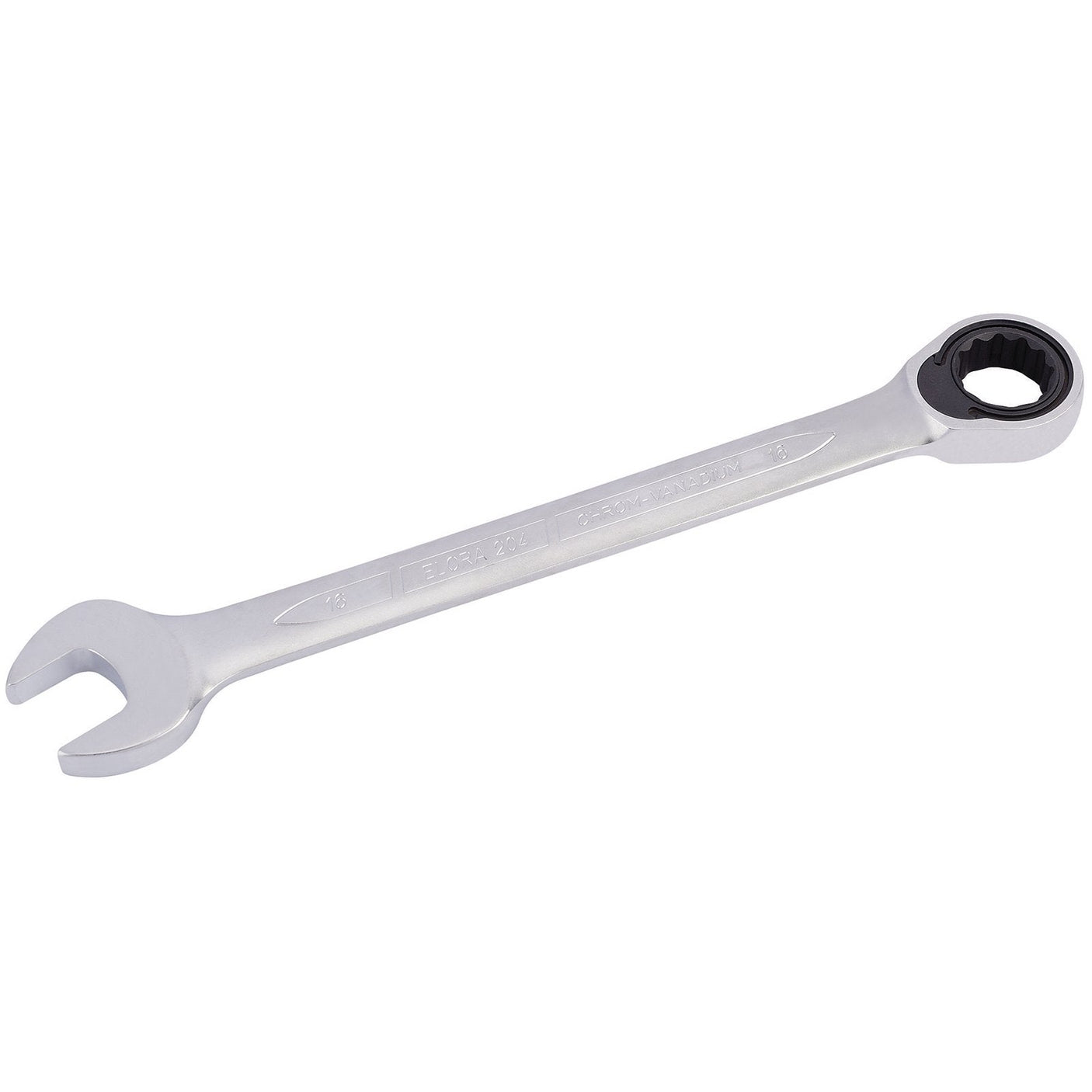 The Draper Elora Metric Ratcheting Combination Spanner, 16mm - 204-16, crafted from durable chrome vanadium steel, features an open-end on one side and an ELO-Drive ring on the other.