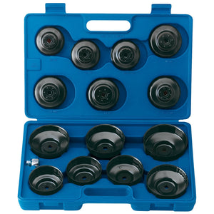 The Draper Oil Filter Cup Socket Set, 3/8" Sq. Dr. (15 Piece) - OFCS/SET15B includes a comprehensive set of black oil filter sockets, neatly arranged in specific slots within a blue plastic case.