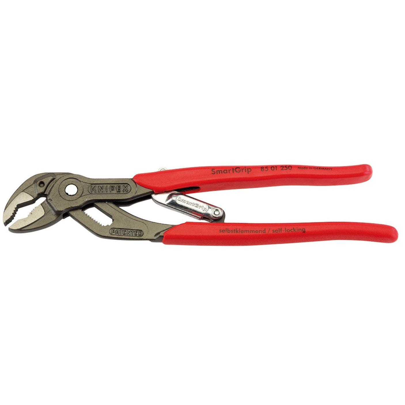 A pair of Draper Knipex Smartgrip® 85 01 250 Automatic Waterpump Pliers with red handles, labeled "85 01 250". Made from chrome vanadium electric steel, these pliers have a metallic finish and feature a self-controlled adjustment mechanism compliant with DIN ISO 8976 standards.