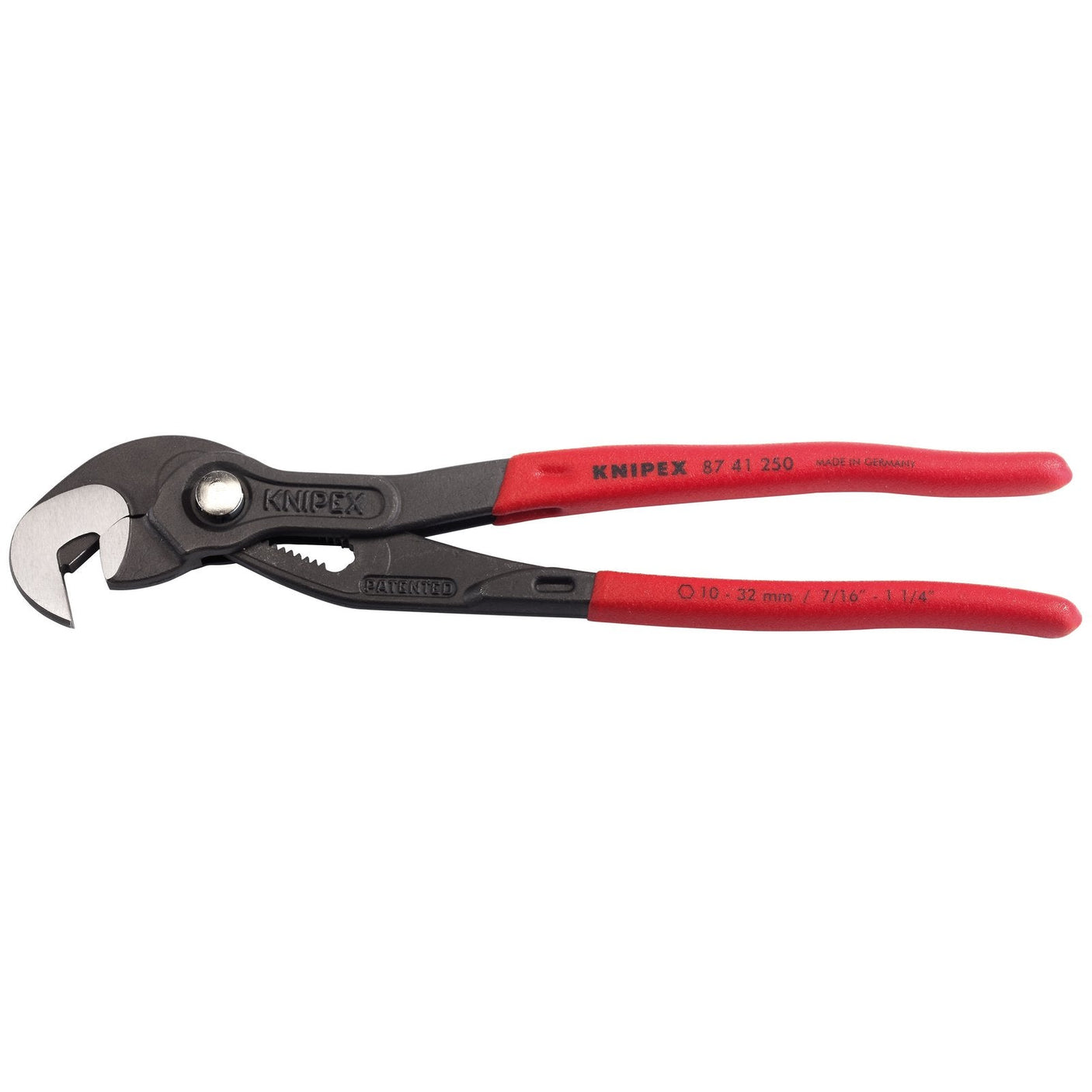 The Draper Knipex 87 41 250 Multiple Slip Joint Spanner, labeled "87 41 250," features red plastic-coated handles for enhanced grip and a black adjustable wrench head. Crafted from durable chrome vanadium steel, it is designed to accommodate a range of pipe and fitting sizes.