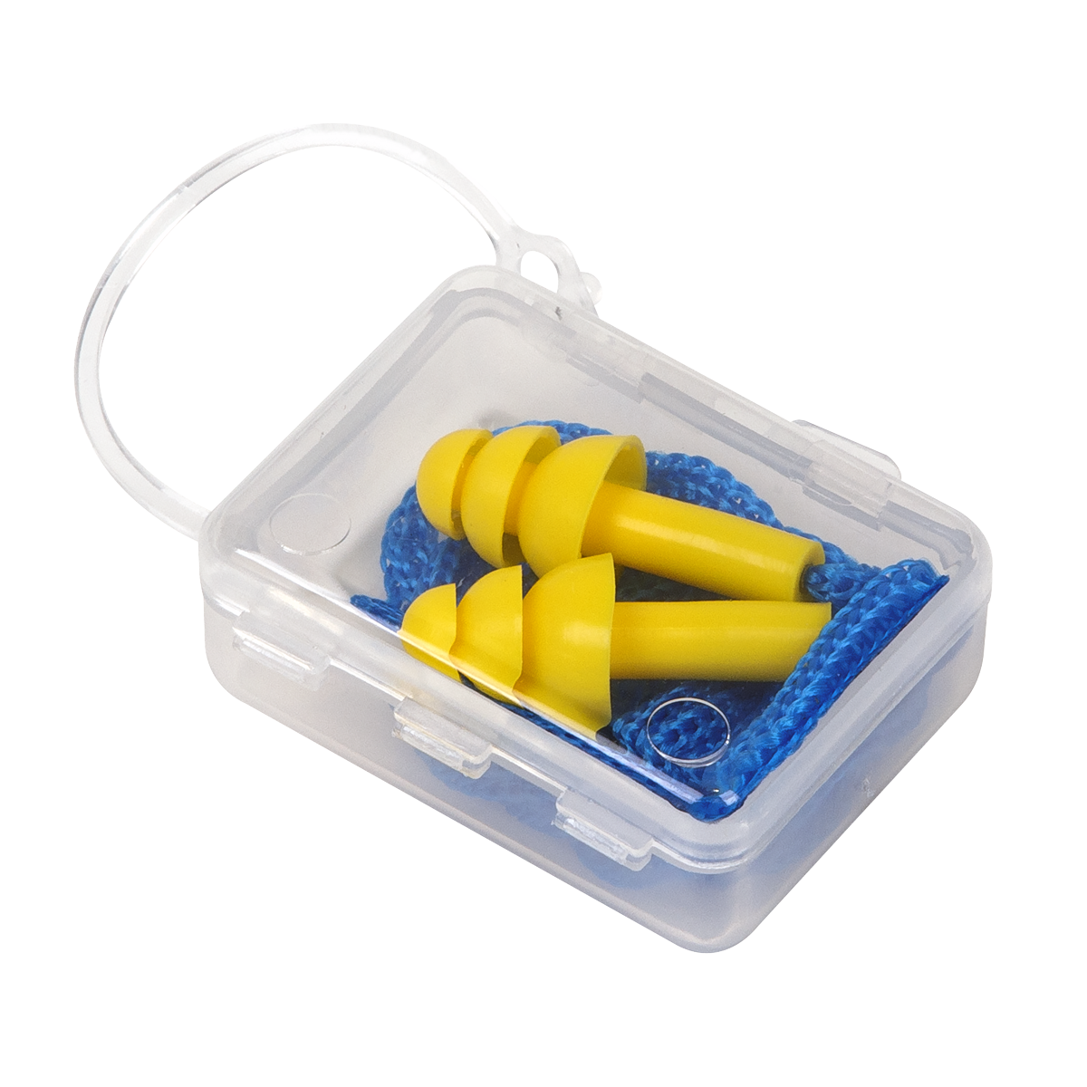 The Sealey Corded Ear Plugs - 402/1 come in a clear plastic case and feature yellow earplugs with a blue cord, a triple flange design, and an impressive SNR rating of 32dB.