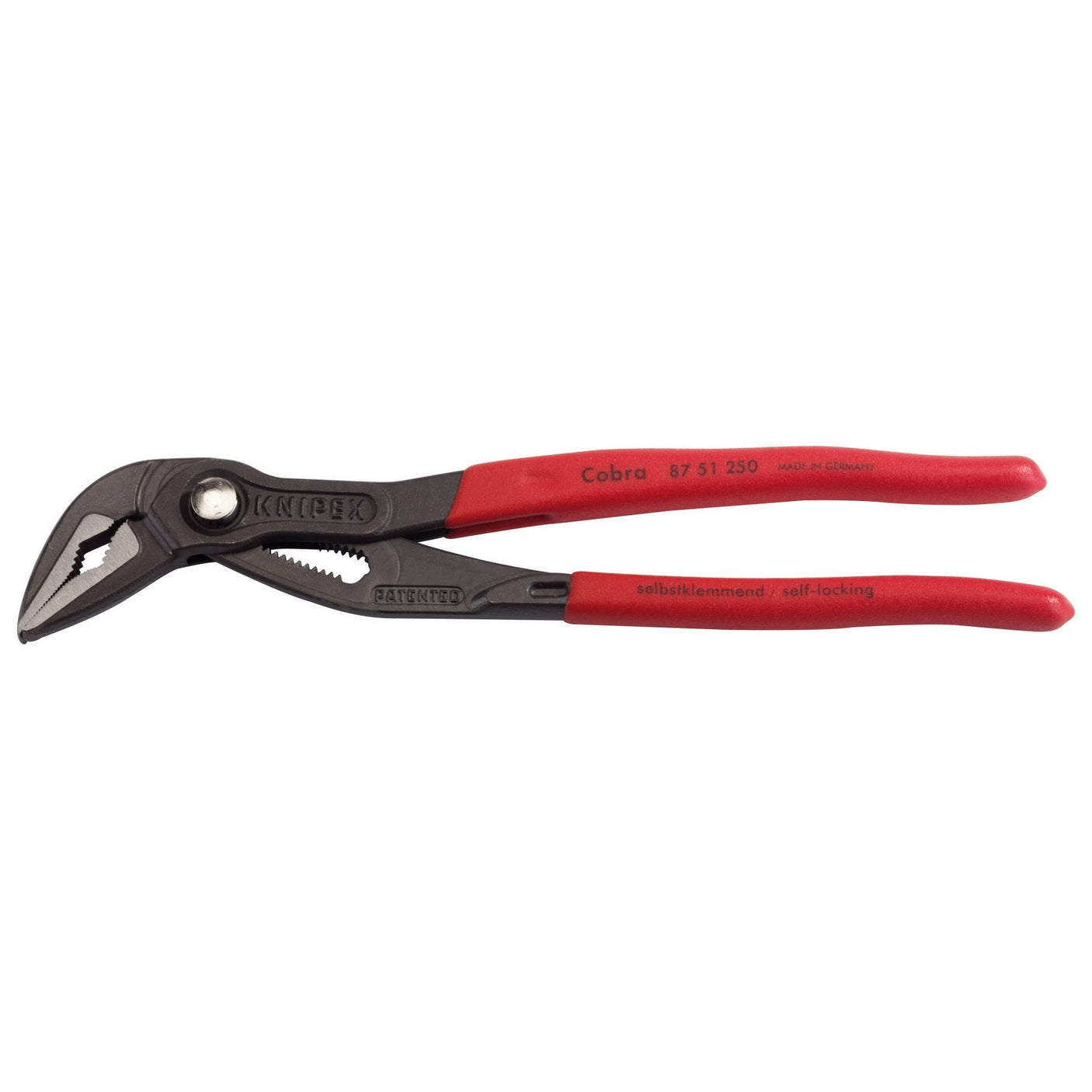 A pair of Draper Knipex Cobra® 87 51 250 Long Jaw Waterpump Pliers with red handles, an extra slim head, and a self-locking feature made from chrome vanadium electric steel.