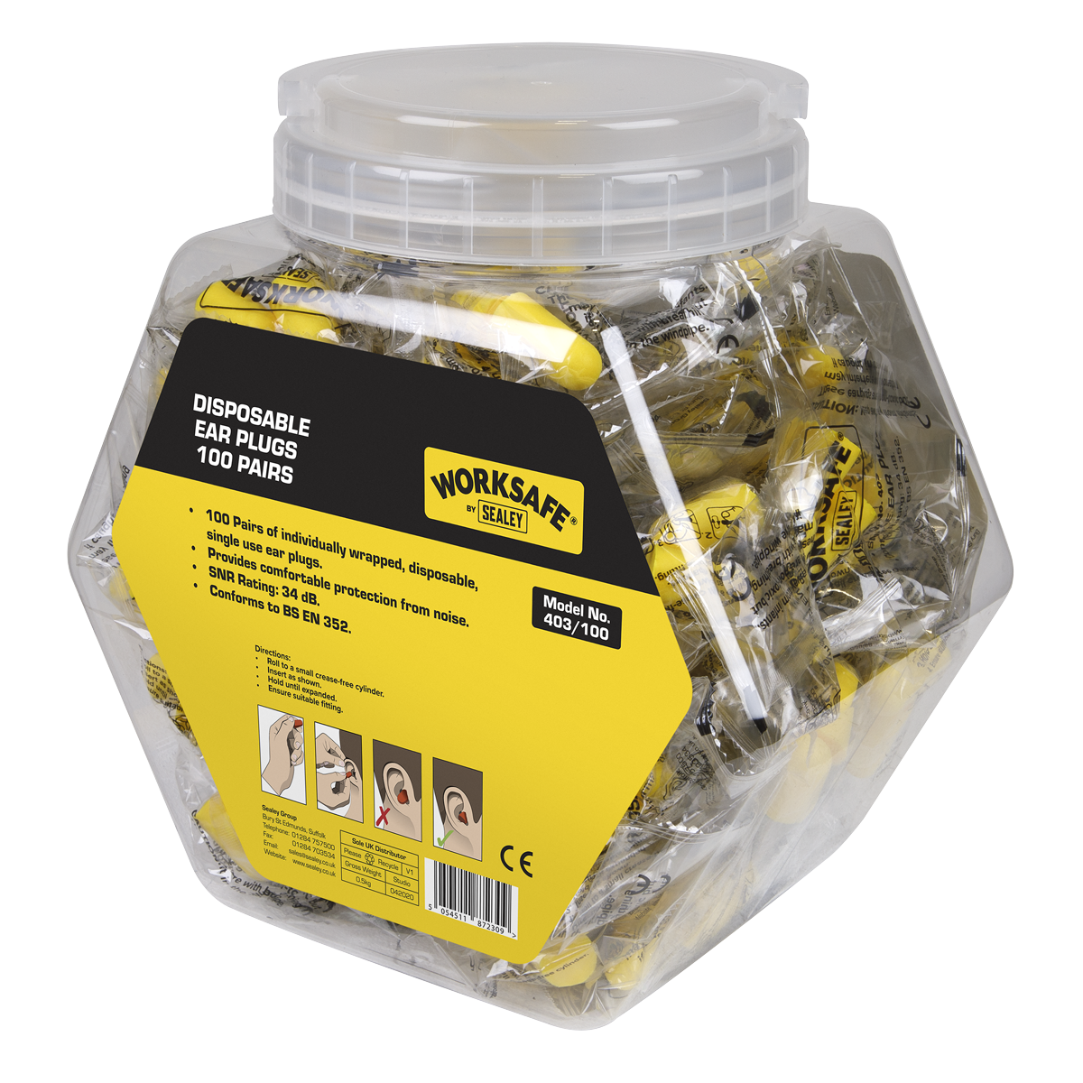 A clear plastic container with a yellow label holding 100 pairs of individually wrapped disposable earplugs by Sealey. The label features product details, usage instructions, safety certifications, and an impressive SNR Rating of 38dB for optimal noise protection. The product is named Ear Plugs Disposable - 100 Pairs - 403/100.