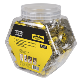 A clear plastic container with a yellow label holding 100 pairs of individually wrapped disposable earplugs by Sealey. The label features product details, usage instructions, safety certifications, and an impressive SNR Rating of 38dB for optimal noise protection. The product is named Ear Plugs Disposable - 100 Pairs - 403/100.