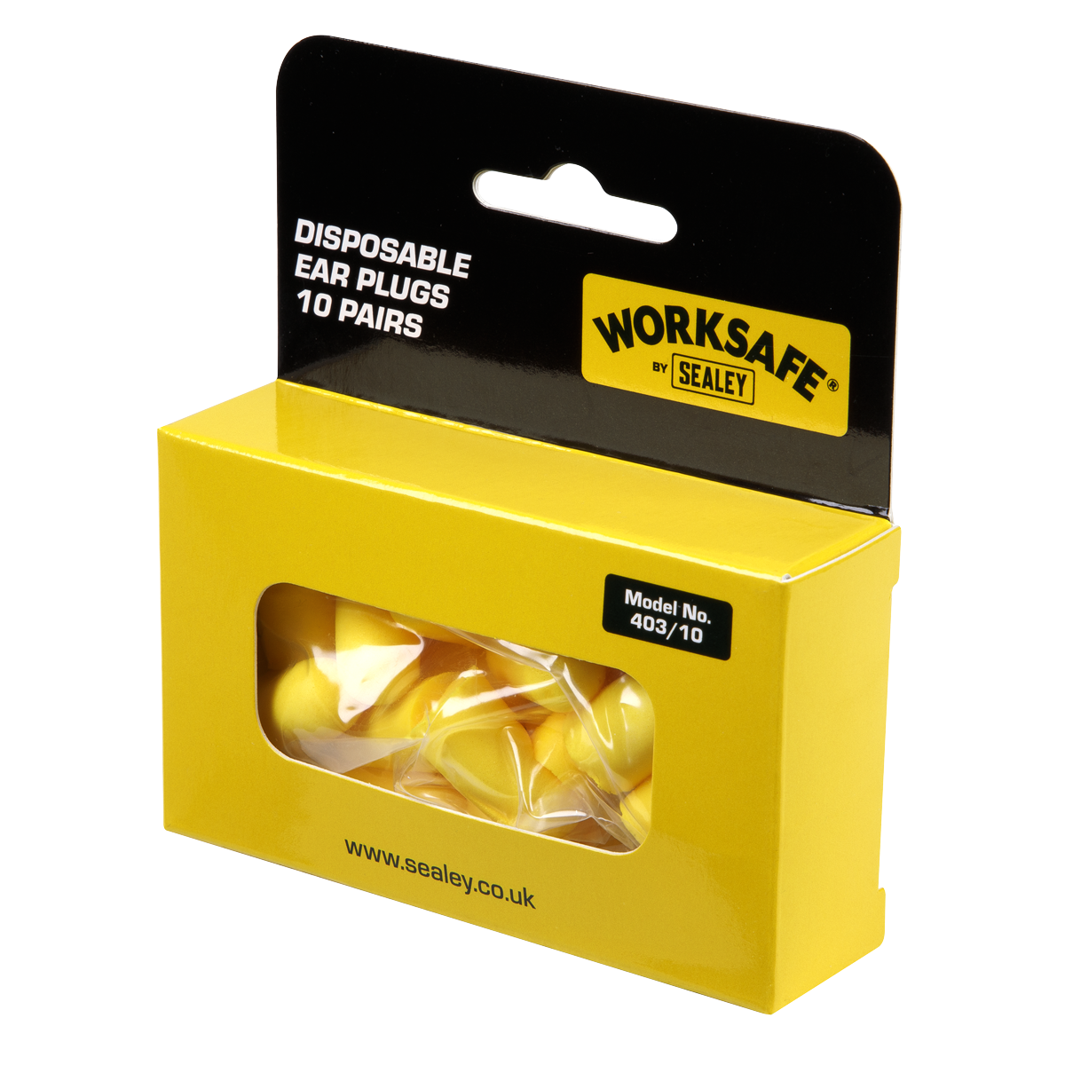 A yellow and black package labeled "Sealey Ear Plugs Disposable - 10 Pairs - 403/10" contains 10 pairs of ear plugs designed for optimal noise protection with an impressive SNR rating of 38dB.